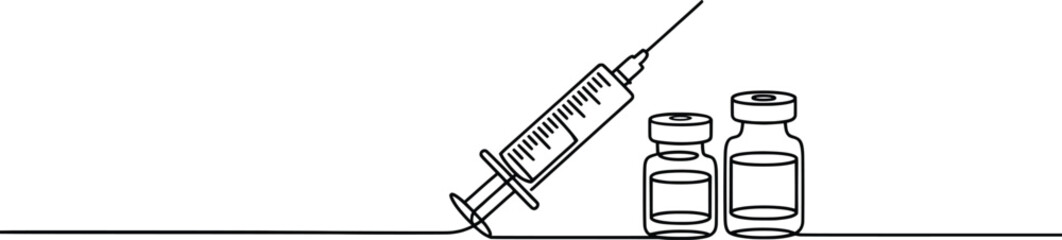 Medical Vaccine Syringe and Vial Line Art Illustration.