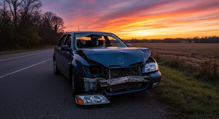 Fototapeta premium Damaged car sits on the side of a road at sunset, front end smashed and headlight detached.