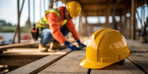 Construction Worker with Hard Hat at Building Site