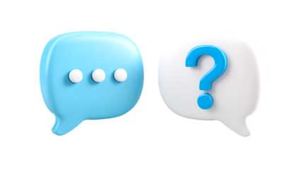 A blue speech bubble with an ellipsis next to a white speech bubble with a question mark illustrating a concept of communication questions and support