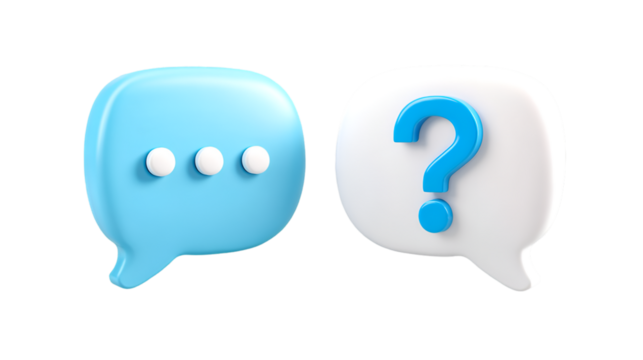A blue speech bubble with an ellipsis next to a white speech bubble with a question mark illustrating a concept of communication questions and support