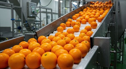 Oranges moving along a conveyor belt in a food processing facility.