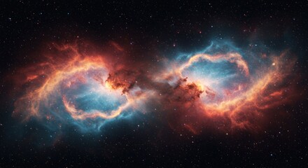 Fototapeta premium A stunning view of a cosmic nebula with swirling clouds of orange and blue gas against a backdrop of stars.