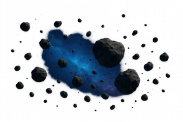 Asteroid field forming a wormhole shape, revealing a colorful nebula with stars and cosmic dust, transparent background