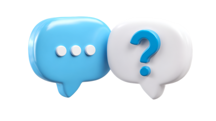 Two 3D speech bubbles a blue one with typing dots and a white one with a question mark representing communication and support