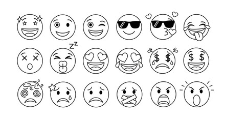 Animated-style outline emoji icons showcasing a full spectrum of emotional expressions and reactions for modern graphic projects and digital communication