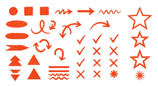 Versatile collection of hand-drawn red marker doodle elements, perfect for adding an energetic and creative touch to graphic design projects and digital content