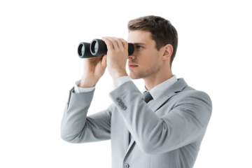 A businessman in a suit uses binoculars to observe the distance, symbolizing his pursuit of future business opportunities and strategic planning.