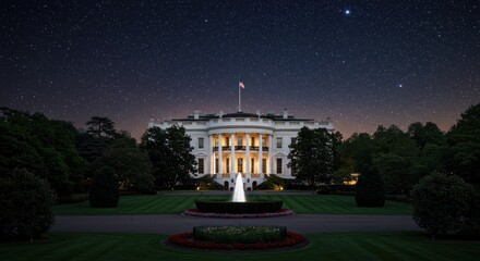 The White House illuminated at night under a starry sky, with a fountain and manicured lawn in the foreground.