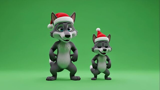 Cartoon Wolves with Santa Hats - Two cartoon wolves wearing Santa hats are standing on a green background. The larger wolf is positioned to the left of a smaller, similar wolf pup.