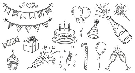 Festive hand-drawn birthday celebration doodle set with playful party elements balloons, cake, gifts, champagne, confetti, and decorative banners for event design