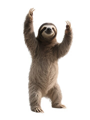 A cute sloth standing upright with its paws raised, showcasing a playful and charming appearance in a natural setting.