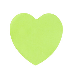 Pastel yellow green heart shape sticky note isolated cutout in transparent background. Blank adhesive paper for love notes, reminders, messages, or office supply organization.