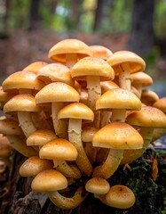 A cluster of yellowish mushrooms growing on a mossy tree stump