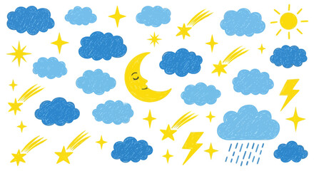 Playful hand-drawn sky and weather elements including moon, clouds, stars, sun, and lightning in a charming textured illustration style