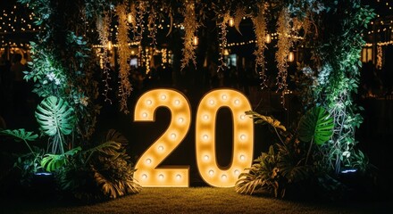Illuminated number "20" display surrounded by lush greenery and hanging lights, creating a celebratory or decorative scene.