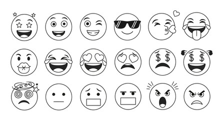 Comprehensive Set of Black and White Outline Emoji Icons Expressing Diverse Emotions, Reactions, and Moods, Ideal for Digital Communication, UI/UX Design, and Social Media Applications