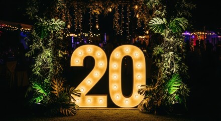 Illuminated number "20" display with tropical foliage, creating a celebratory or decorative scene at night.