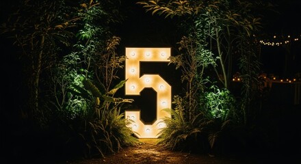 Illuminated number five displayed outdoors at night, surrounded by foliage.