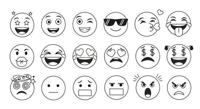 Comprehensive Set of Black and White Outline Emoji Icons Expressing Diverse Emotions, Reactions, and Moods, Ideal for Digital Communication, UI/UX Design, and Social Media Applications