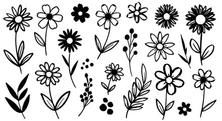 Diverse Collection of Hand-Drawn Floral Doodles Whimsical Black and White Botanical Sketches Perfect for Invitations, Decorations, and Creative Design Projects