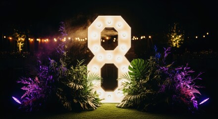 Illuminated number eight stands on a lawn, surrounded by plants and lit by colored lights, creating a festive atmosphere.