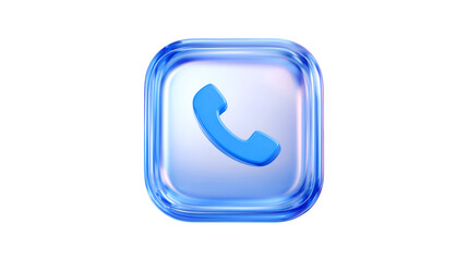 A modern phone call icon rendered in 3D shows a blue handset inside a glossy translucent square button isolated on a white backdrop