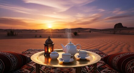 A serene desert tea setting with a lantern under a vibrant sunset sky.