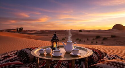 Tea set with lantern on a tray in the desert at sunset, with pillows and a patterned blanket.
