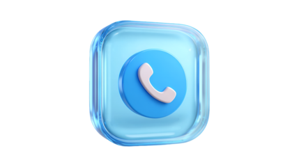A glossy 3D phone icon featuring a white handset on a blue circular button encased in a transparent glass-like square
