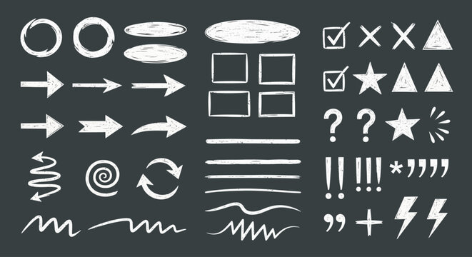 Dynamic Chalkboard Style Graphic Elements Collection for Design and Annotation Projects &ndash; Hand-Drawn Arrows, Shapes, Frames, and Essential Communication Symbols Set