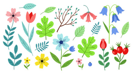 Vibrant collection of cheerful flat vector floral elements, perfect for spring and summer designs, featuring diverse flowers, leaves, and branches for invitations, patterns, and digital art projects