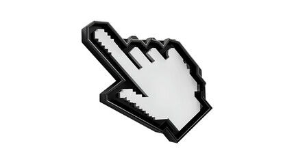 A glossy three dimensional rendering of a pixelated computer hand cursor with a beveled black border