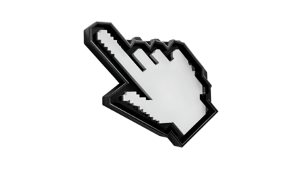 A glossy three dimensional rendering of a pixelated computer hand cursor with a beveled black border