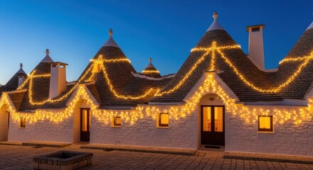 Illuminated trulli buildings glow with festive lights against a twilight sky.