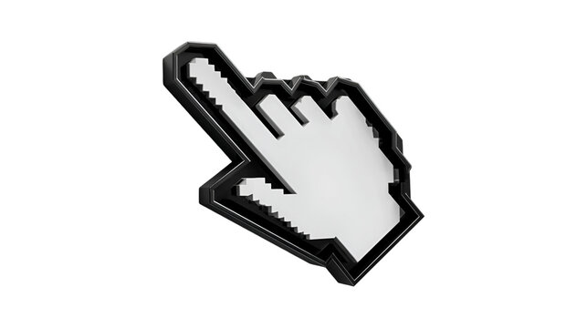 A glossy three dimensional rendering of a pixelated computer hand cursor with a beveled black border