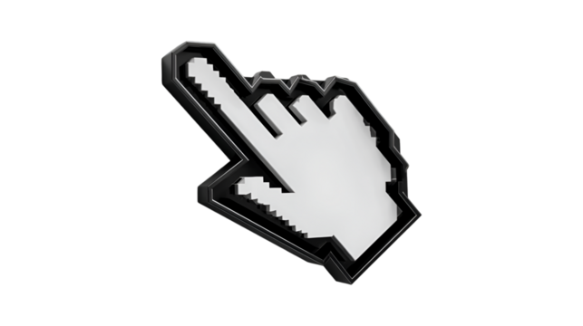A glossy three dimensional rendering of a pixelated computer hand cursor with a beveled black border