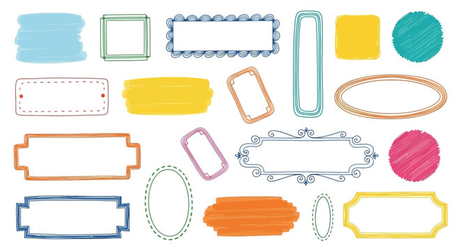Vibrant assortment of hand-drawn frames, scribble labels, and textured brush strokes, offering a whimsical and organic touch for creative design and decorative accents