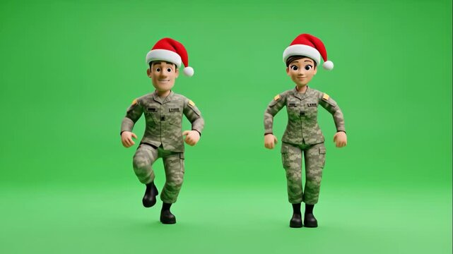 Christmas Greetings from the Military - Two cartoon soldiers, a male and a female, are wearing Santa hats and military uniforms against a green background.