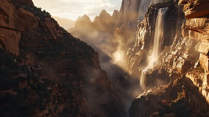 Dramatic canyon waterfall with sunlight streaming through the mist, creating a stunning and ethereal scene of natural beauty and grandeur