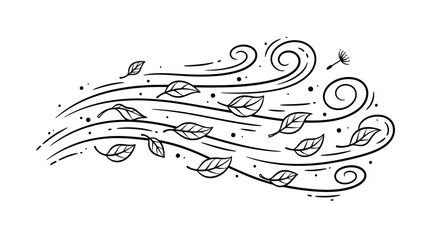 Fototapeta premium Stylized hand-drawn illustration depicting strong wind currents carrying autumn leaves and a dandelion seed, symbolizing weather change, seasonal movement, and natural forces