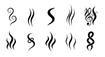 Diverse vector icon set of abstract flowing lines, swirls, and waves representing steam, aroma, and sound, ideal for graphic design, UI/UX, and conceptual branding elements
