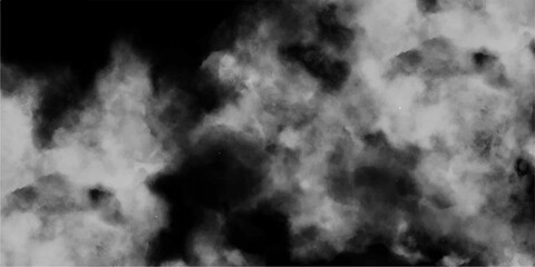 Abstract smoke misty fog on isolated black background. White cumulus clouds smoky illustration. Old grunge textures with scratches and cracks. Modern Dark and Dramatic Storm Clouds Area Background. 