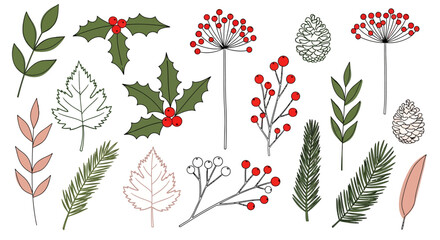 Elegant set of illustrated winter foliage with vibrant red berries, green holly, pine branches, and various leaves, ideal for festive holiday graphic projects and seasonal designs