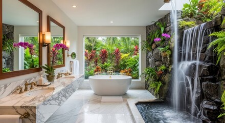 Luxurious bathroom featuring a waterfall, bathtub, mirrors, and lush tropical garden view.