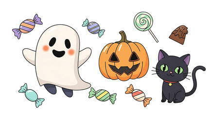 Fototapeta premium Cute Halloween Ghost, Pumpkin, and Black Cat with Candy Illustrations, perfect for spooky festive decorations and invitations