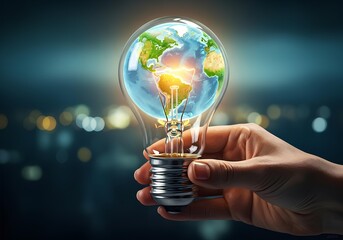 A striking, digitally painted image depicts a human hand holding a glowing lightbulb, which ingeniously contains a vibrant depiction of the Earth