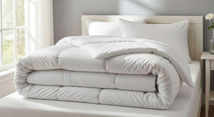 A neatly folded white duvet lies on a bed with a pillow, against a window and gray wall.