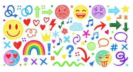 Vibrant hand-drawn doodle collection featuring playful emojis, diverse symbols, and abstract elements in a colorful, crayon-like style, ideal for expressive designs