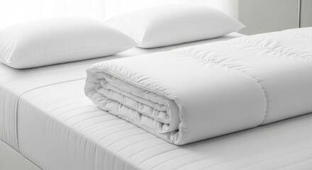 Crisp white bedding on a comfortable mattress, featuring soft pillows and a neatly folded duvet, creating a pristine and inviting sleep environment perfect for relaxation
